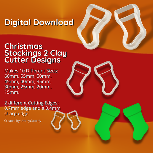 Stockings 2 Clay Cutter - Christmas Winter STL Digital File Download- 10 sizes and 2 Cutter Versions 3D model