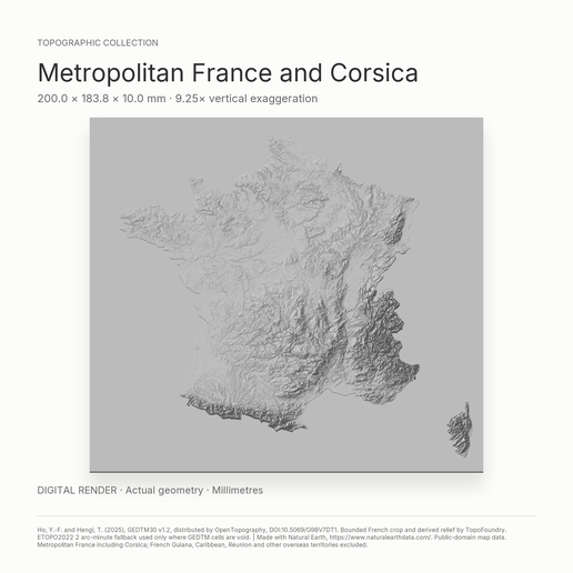 Metropolitan France and Corsica Whole-Area 3D Terrain STL + 3MF | Two Printable Versions - STL and 3MF Bundle