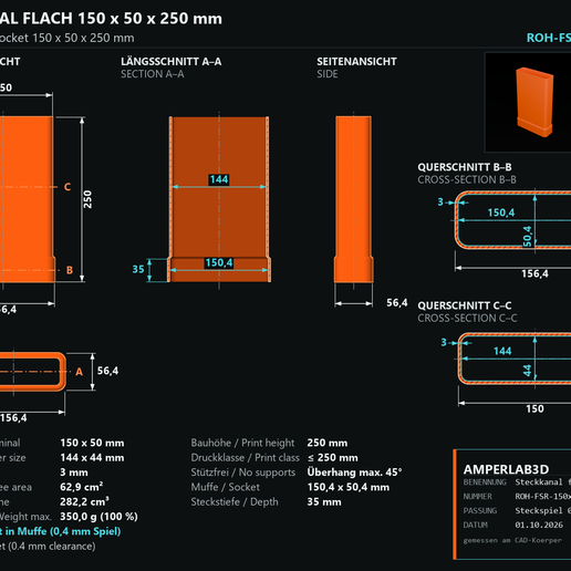 Flachkanal mit Muffe 150x50 mm, 250 mm lang – Lüftungskanal zum Stecken, ohne Stützen