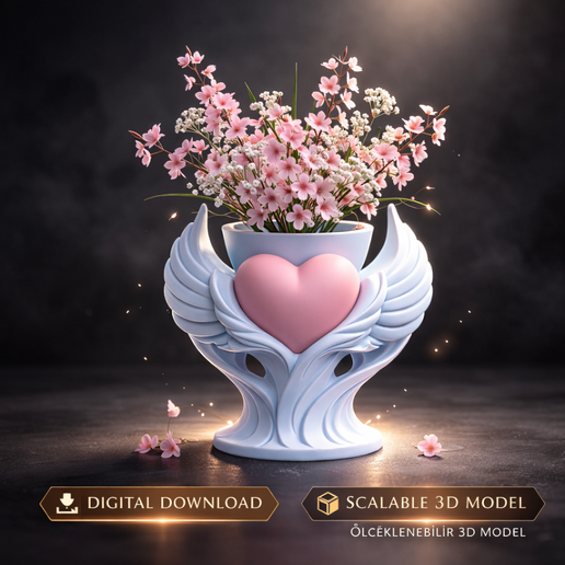Heart wings planter STL file, decorative vase STL, romantic flower pot, 3d print plant pot, scalable home decor model