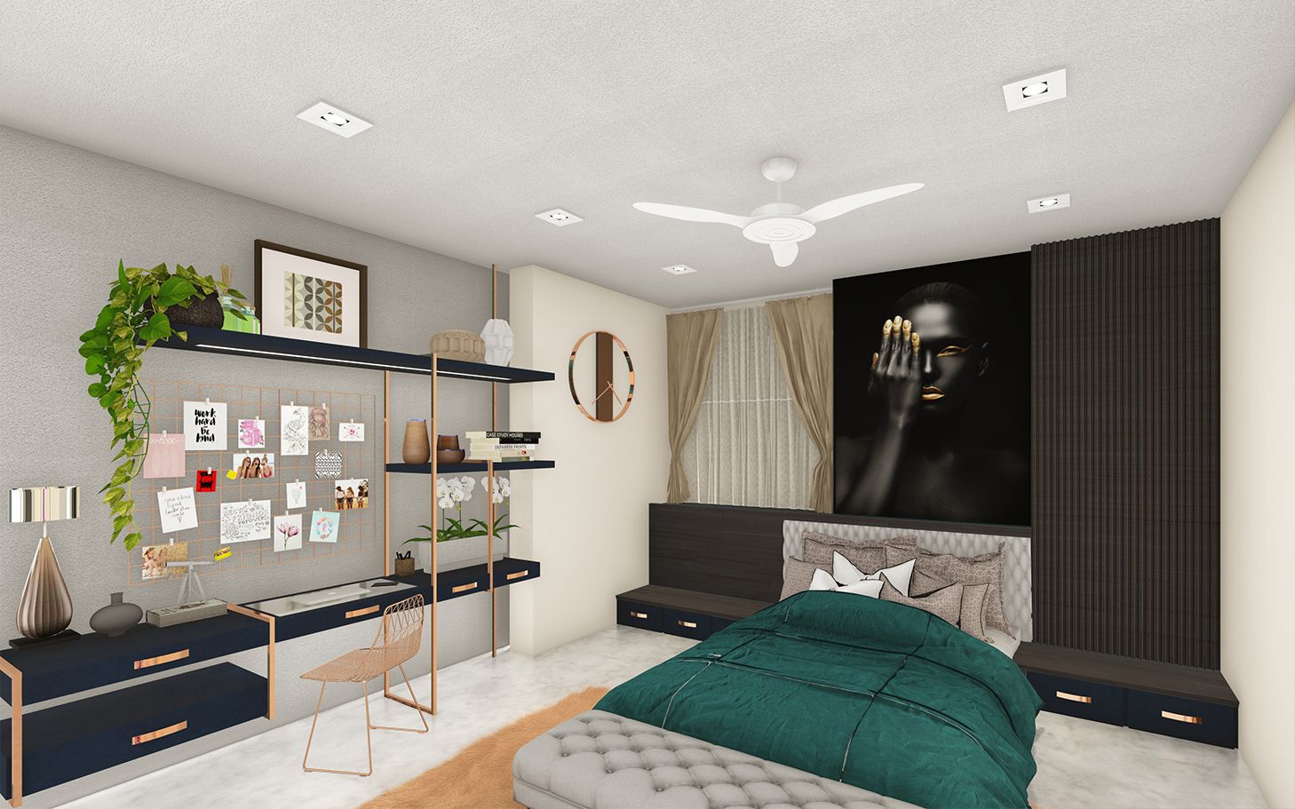 Archivo STL Escena interior de un dormitorio con zona de estudio y ...