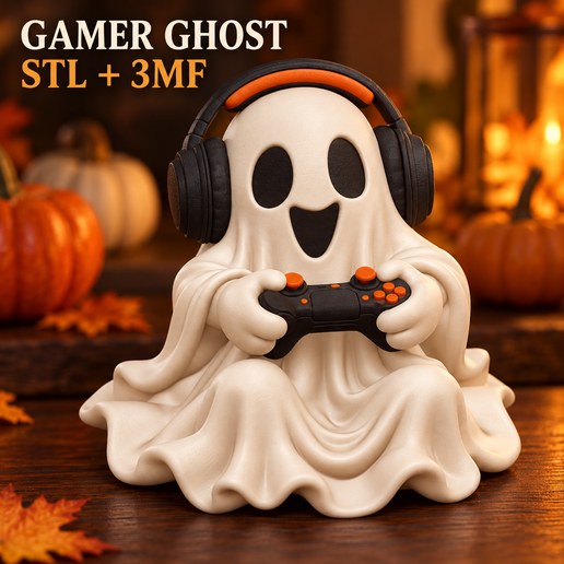 Gamer Ghost STL + 3MF – Cute Ghost with Headphones & Controller | Gaming Desk Decor