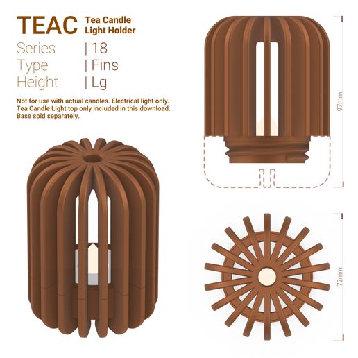 Teac_18_Fins_Lg.jpg STL file TeaC | Tea Light Holder | Fin Top (18) *Lg・3D print design to download, DaveMans