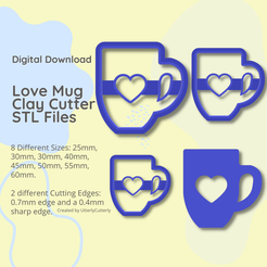 Digital Download Love Mug Clay Cutter STL Files 8 Different Sizes: 25mm, 30mm, 30mm, 40mm, 45mm, 50mm, 55mm, 60mm. 2 different Cutting Edges: 0.7mm edge and a 0.4mm sharp edge. Created by UtterlyCutterly Descargar archivo Love Mug 2 Clay Cutter - Descarga de archivos digitales STL- 8 tamaños y 2 versiones de cortadores • Diseño para impresión en 3D, UtterlyCutterly