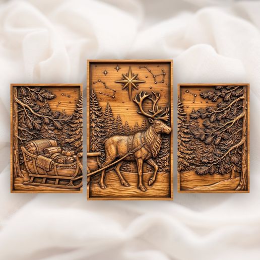 Majestic Reindeer Sleigh Winter Forest 3 Stepped Vertical Decor Panels