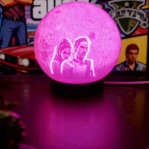 Fortnite-Globe-Scene-7.jpeg GTA 6 Lithophane Globe (3-Image Edition) | 10cm Sphere + Base for 001 Puck Light | Internal Supports Only | STL with Commercial Licence