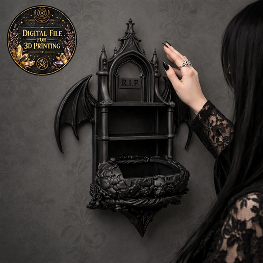 Gothic R.I.P. Wall Shelf STL – Cemetery Cathedral Bat Wing Niche for 3D Printing