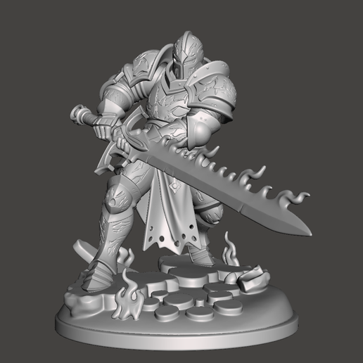 Infernal Flame Knight STL – Armored Fantasy Warrior with Blazing Greatsword – 32mm Miniature for 3D Printing