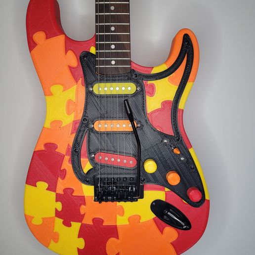 🎵 Puzzle-Pattern Stratocaster Body・Free 3D File for ・Cults