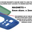 8 ROUND MAGNETS CAN BE USED TO JOIN THE 2 HALVES, ALLOWING EASY ACCESS TO INSIDE ELECTRONICS: MAGNETS = 6mm diam. x 2mm deep. RECOMMEND USE OF 2MM METAL PIN IN HINGES. BEFORE FIXING BODY PARTS TOGETHER, PLACE HINGED LID INTO UPPER BODY AND GLUE PIN INTO BODY SO THAT THE LID REMAINS LOOSE ON THE PIN. Strange New Worlds Communicator Star Trek
