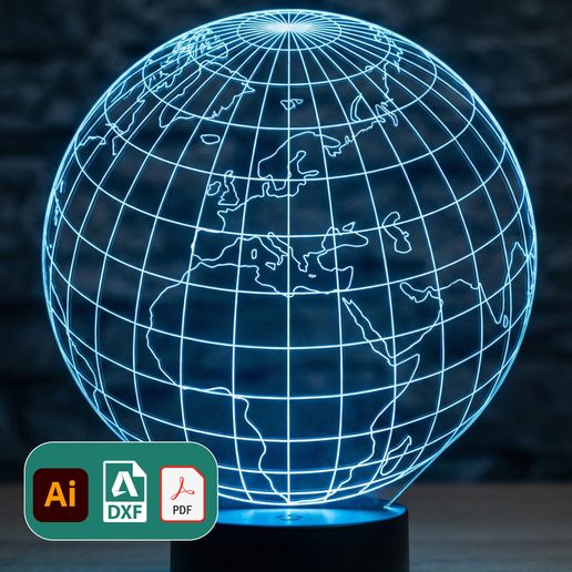 World Globe Laser Cut File – Acrylic Illusion Lamp Earth Engraving Design (AI, DXF, SVG, PDF)
