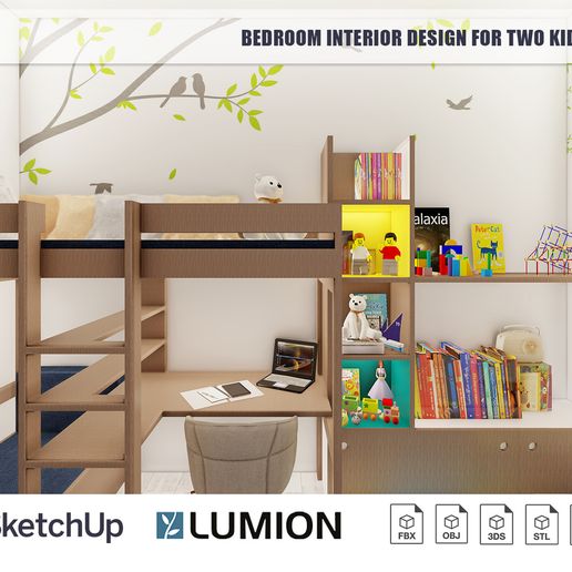 Bedroom Interior Design for kids with built-in study table 3D model