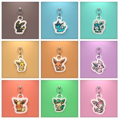 all-eevee.jpeg STL file Pokemon Chibi All Eeveelutions Keychain・Design to download and 3D print