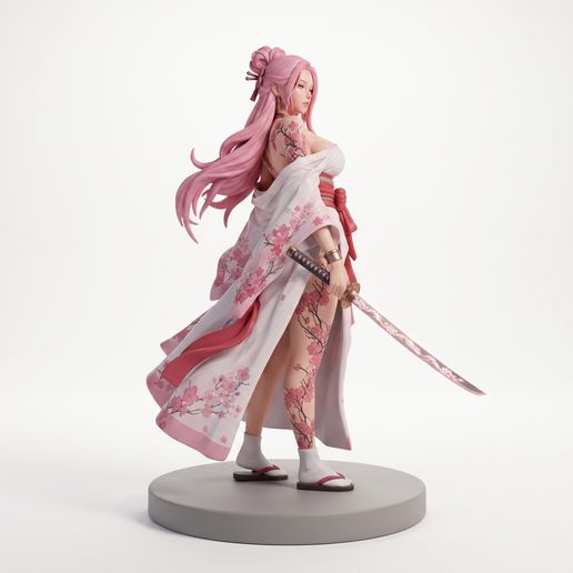Pink-Haired Samurai Girl with Full Cherry Blossom Tattoos & Katana STL