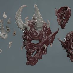 RenderZbrush_piezes.jpg Fichier STL gratuit Participation au concours Halloween Oni Mask prêt à imprimer・Plan pour imprimante 3D à télécharger