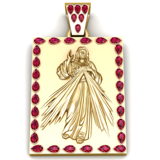 Luxury Gold Divine Mercy Jesus Pendant with Ruby Border