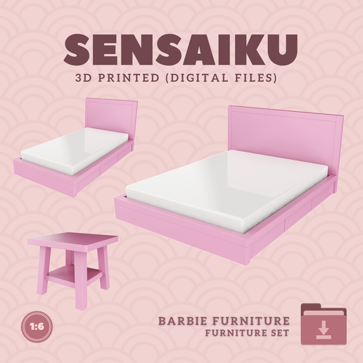 Miniature 02. Custom Furniture Set 02 - Japanese Style Bed 21 22 & Japanese Nighstand 02 for Dollhouse - Sensaiku - 3D Print Instant Download - 3D model önizlemesi
