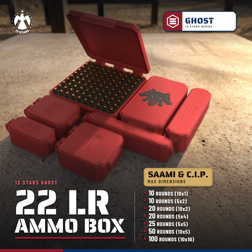 22 LR AMMO BOX GHOST HINGED LATCH LID STACKABLE AMMUNITION STORAGE 10/20/25/50/100 ROUNDS 22LR LONG RIFLE | 13 STARS