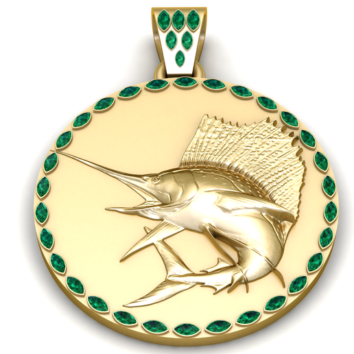 Luxury Gold Sailfish Medallion Pendant with Emerald Border