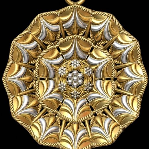 Circular Fan Motif Mandala Pendant - Dual Layer Scalloped Design - Rope Twist Trim - 3D Printable Locket