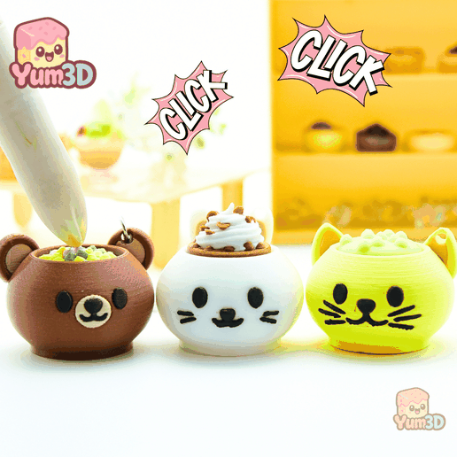Yum3D Animal Cups Set of Clicker Keychains - Cute Backpack Keychain