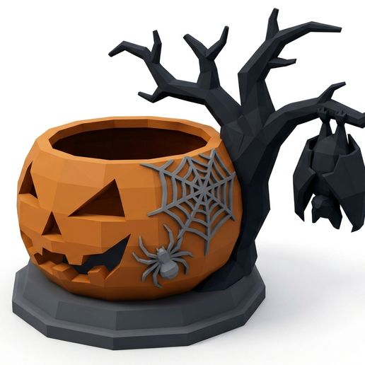 Geometric Hanging Bat on Dead Tree Pumpkin Holder – Low Poly Halloween 3D STL