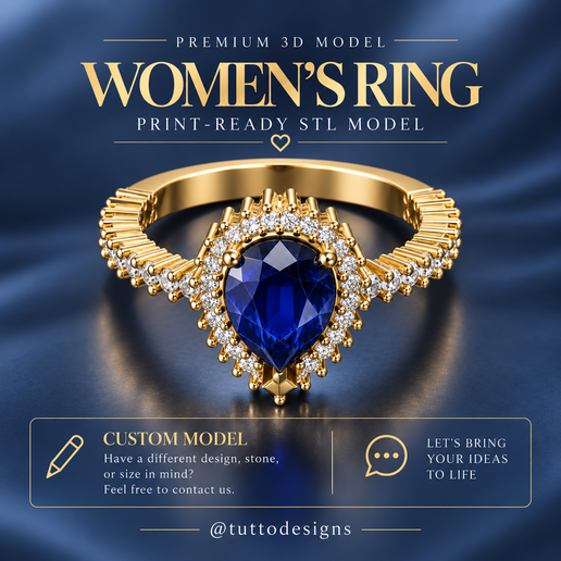 Elegant Women’s Pear Shaped Sapphire Ring 3D Model Diamond Halo Gold Ring STL Print Ready