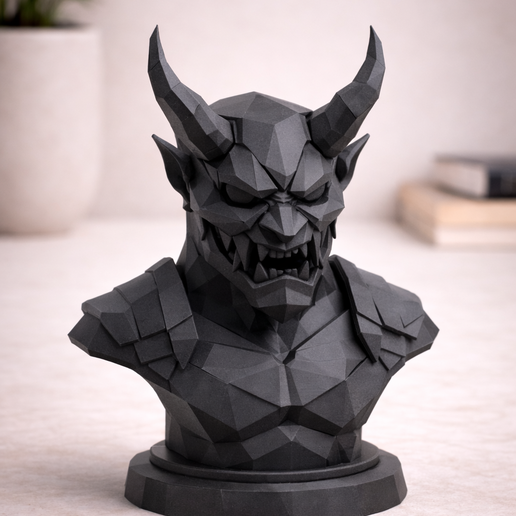 Low Poly Oni Demon Bust - Japanese Geometric Sculpture STL