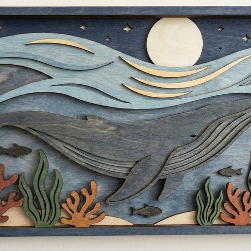 MD321 - Layered Wood Whale Wall Art, Moon Night Scene, Forest Waterfall (SVG, DXF) ocean svg Everbee logo Analyze listing