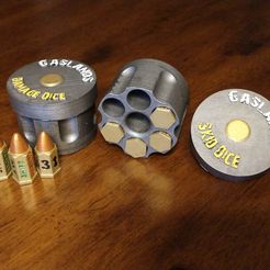 bullet_dice_and_container.jpg Fichier STL gratuit Récipient pour dés de balles pour Gaslands (bouchon uni inclus)・Modèle à télécharger et à imprimer en 3D