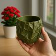 IMG_٢٠٢٥٠٤١٠_١٥٣١٠٣.jpg Olive Green 3D Printed Crumpled Planter with Red Plant on Desk   ---