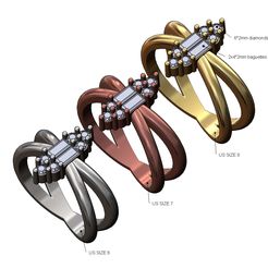 Cross-shank-Bag-cluster-size6-7-8-00.jpg STL file Crossed shank baguette cluster diamond ring US sizes 6 7 8 3D print model・3D printer model to download