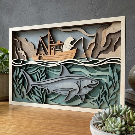 MD390 - Polar Bear Fishing Shark Fishing Boat Layered Wood SVG, Ocean Shark Laser Cut File, Sea Adventure Wall Art, Glowforge