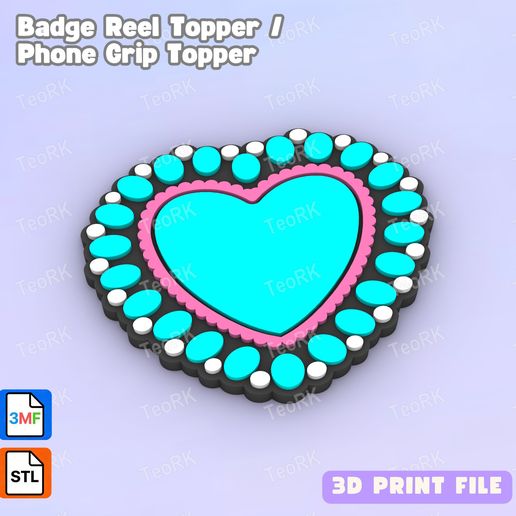 Badge Reel Topper Flat Back Turquoise heart - Phone Grip Topper - 3MF