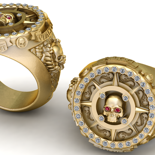Red Gemstone Skull Compass Gold Signet Ring