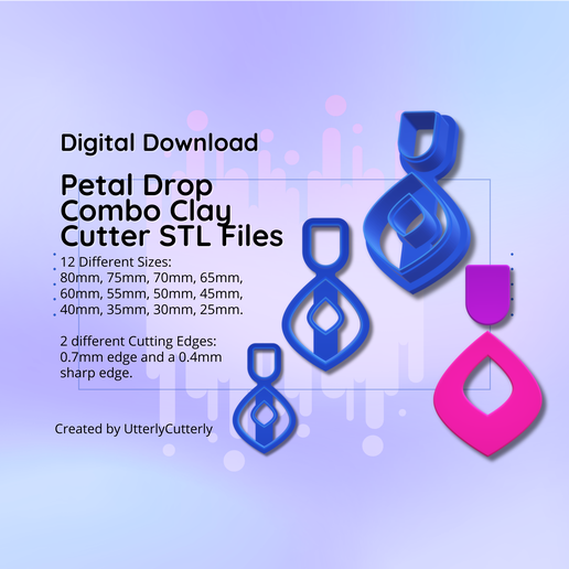 Clay Cutter STL File Petal Drop Combo- Boho Earring Digital File Download- 12 sizes & 2 Cutter Versions, cookie cutter 3D model