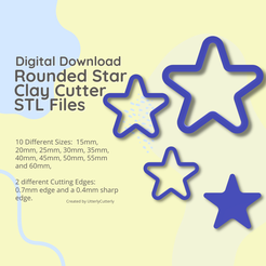 Digital Download Rounded Star Clay Cutter, STL Files 10 Different Sizes: 15mm, 20mm, 25mm, 30mm, 35mm, 40mm, 45mm, 50mm, 55mm and 60mm, 2 different Cutting Edges: 0.7mm edge and a 0.4mm sharp edge. Created by UtterlyCutterly 3D-Datei Rounded Star Clay Cutter - STL Digital File Download- 10 Größen und 2 Cutter-Versionen・Vorlage für 3D-Druck zum herunterladen, UtterlyCutterly