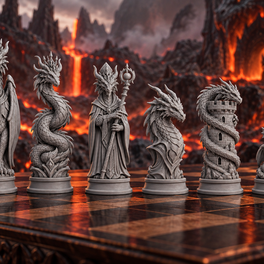 Drachen-Dynastie – Schachfiguren-Set, 6 Figurentypen als STL