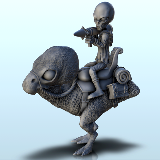 Alien with rocket mounted on two-legged animal (20) (+ pre-supported version & rounded base) - SF Warhordes ET extraterrest Confrontation