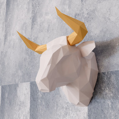 LOW-POLY-BULL-1.png Angry spanish bull head wall low poly mount STL
