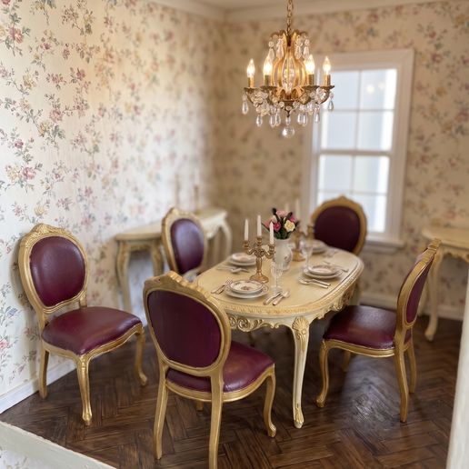 Baroque Dining Room Set STL | 1:12 Dollhouse Furniture | Rococo Dining Table & 4 Chairs | Miniature 3D Print Files