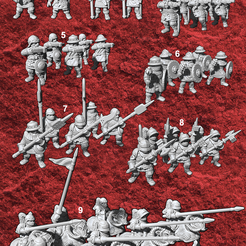 1: Mounted Commander, 2: Command group (3 models), 3: Artillery crew (4 models), 4: Arquebusiers (5 models), 5: Crossbowmen (5 models), 6: Light infantry (5.models), 7: Medium infantry (5 models), 8: Heavy infantry (6 models), 9: Heavy cavalry (7 models). 15mm Breton Dwarfs - Army Bundle