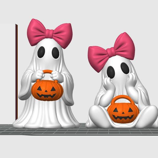 Cute Ghost Girls with Pumpkin Buckets – Halloween Ghost Figurines STL & 3MF 3D Print