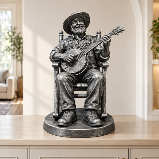 Banjo-Spieler im Schaukelstuhl – Skulptur, STL & 3MF, 4 Größen
