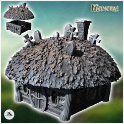 1-PREM.jpg STL file Round medieval hobbit house with cross on roof and round door (15) - Medieval Middle Earth Age 28mm 15mm RPG Shire・3D printable model to download