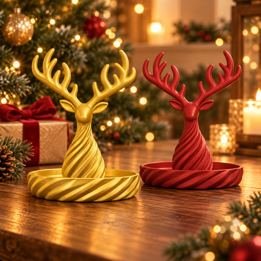 Christmas Reindeer Jewelry Holder – Antler Ring Stand & Spiral Trinket Tray STL-3MF
