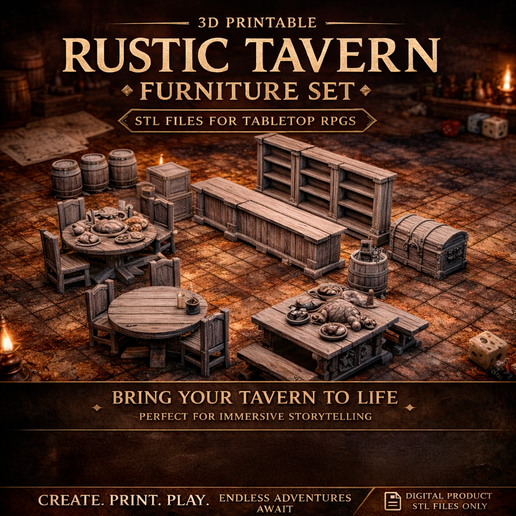 Rustic Tavern Furniture & Props – STL Pack (28–32mm Scale)