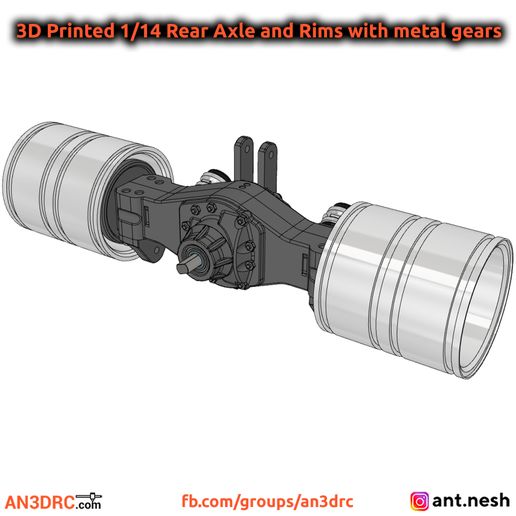 3D Printed 1/14 Rear Axle and Rims with metal gears 3D model preview