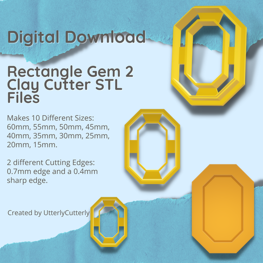 Rectangle Gem 2 Clay Cutter - Jewel STL Digital File Download- 10 sizes and 2 Cutter Versions 3D model