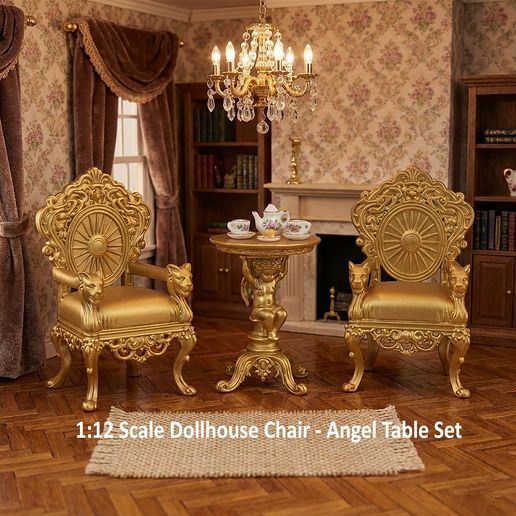 1:12 Baroque Dollhouse Royal Furniture Set – Ornate Chairs, Cherub Table (Digital Download)